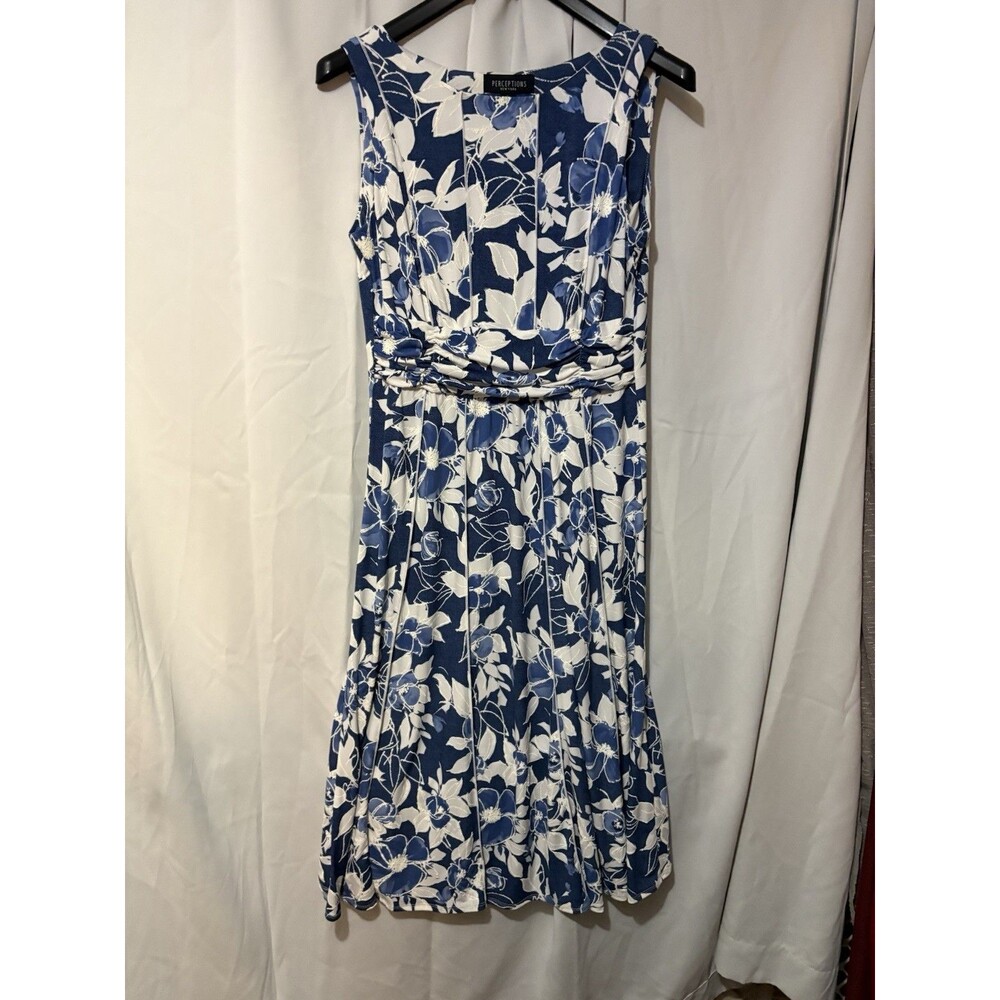 Women's Navy Blue and White Floral Sleeveless Dress - Perceptions Brand A-Line